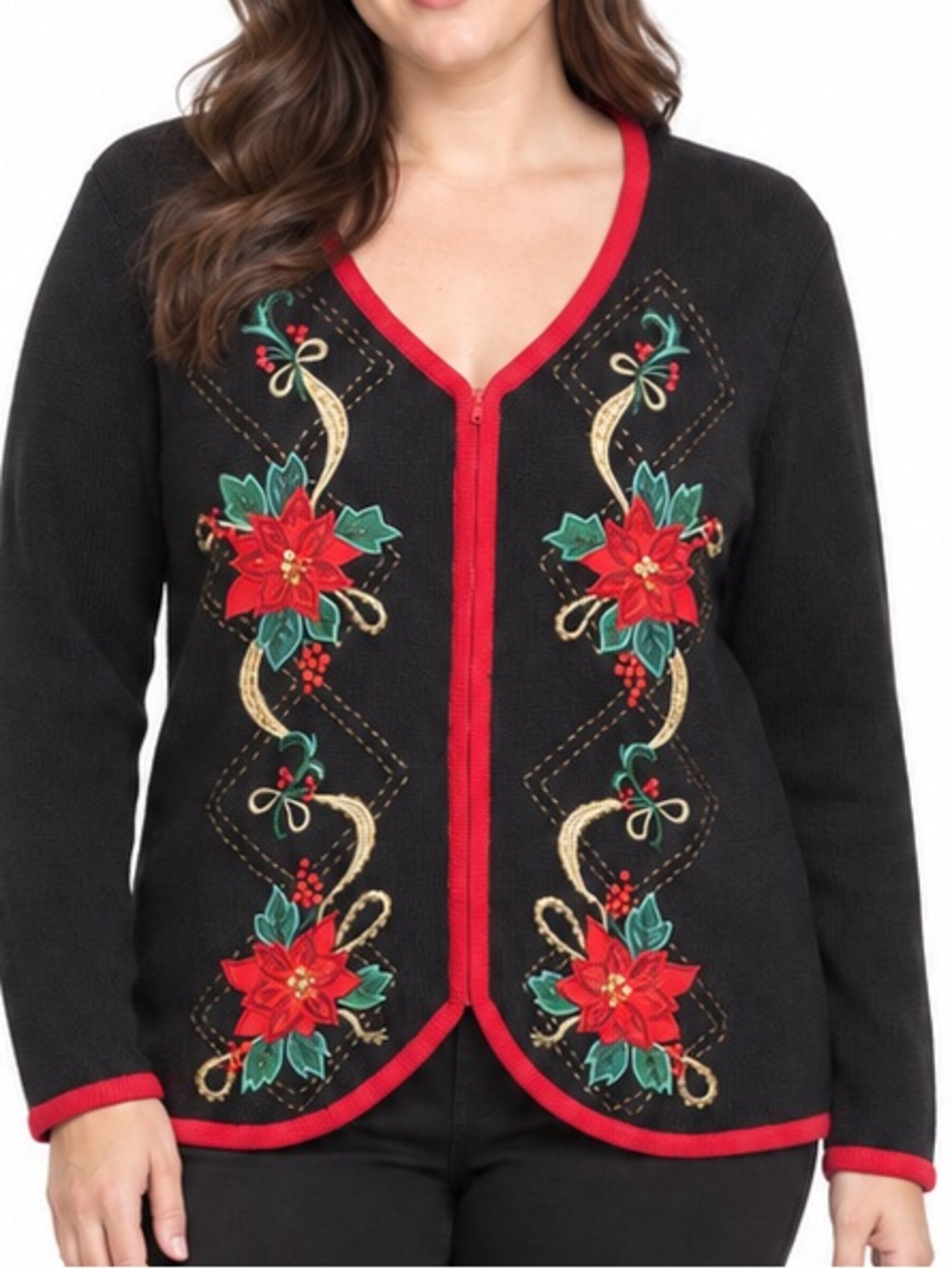 Tiara International Christmas Poinsettia Embellished Cardigan Sweater XL